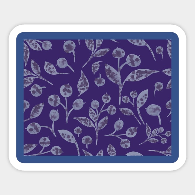 Seamless winter pattern with snow-covered berries. Hand drawn watercolor blueberries and leaves on blue. Perfect for greeting card, postcard, poster, logo, textile, fabric, packaging, wrapping paper. Sticker by Olesya Pugach